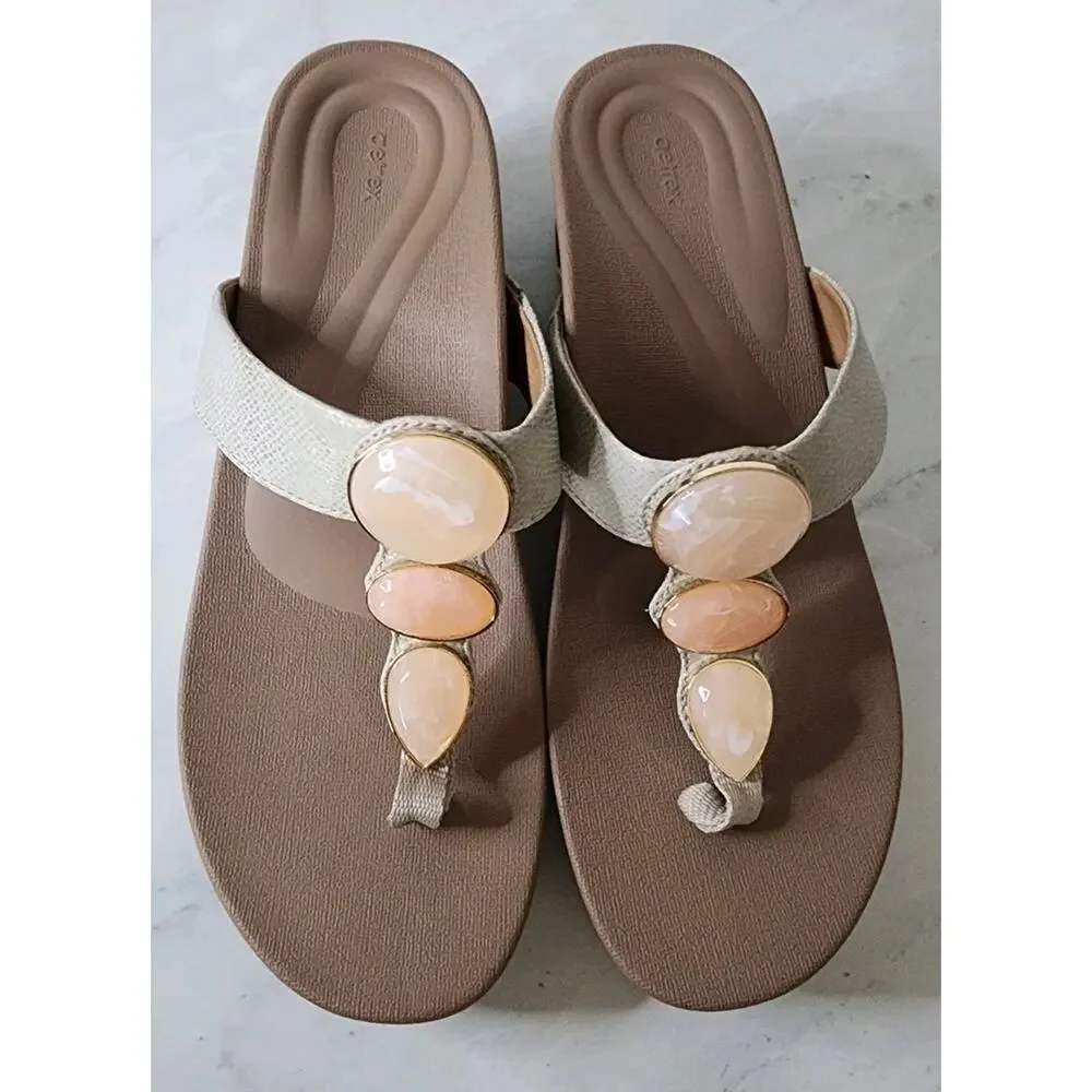 Aetrex Elyse Sz 9/9.5 Thong Wedge Sandal Stone Gem Embellished EUC
